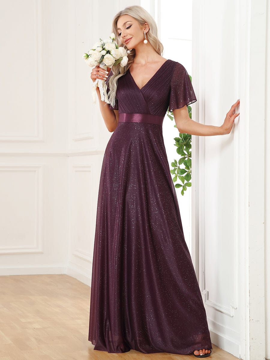 Moonlit V-Neck Ruffle Sleeved Evening Dress