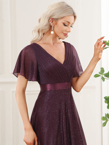 Moonlit V-Neck Ruffle Sleeved Evening Dress