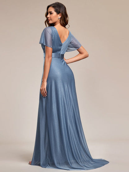 Moonlit V-Neck Ruffle Sleeved Evening Dress