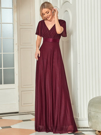 Moonlit V-Neck Ruffle Sleeved Evening Dress