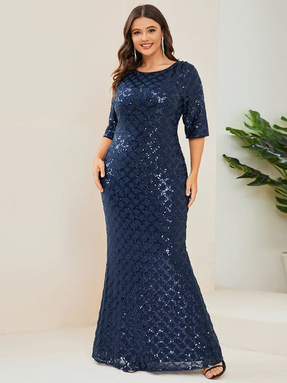 3/4 Sleeve Bodycon Plunging Back Sequin Evening Dress