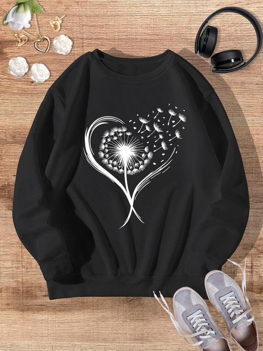 Black Retro Love Dandelion Print Casual Fashion Winter Round Neck Long-sleeved Sweatshirt SWE2311220030BLAXS Black / XS