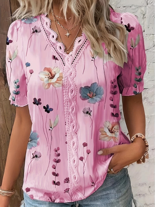 Boho Floral Print Lace Trim V-Neck Puff Sleeve Blouse BLO231012009PINS(4) Pink / S(4)