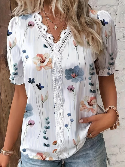 Boho Floral Print Lace Trim V-Neck Puff Sleeve Blouse BLO231012009WHIS(4) White / S(4)