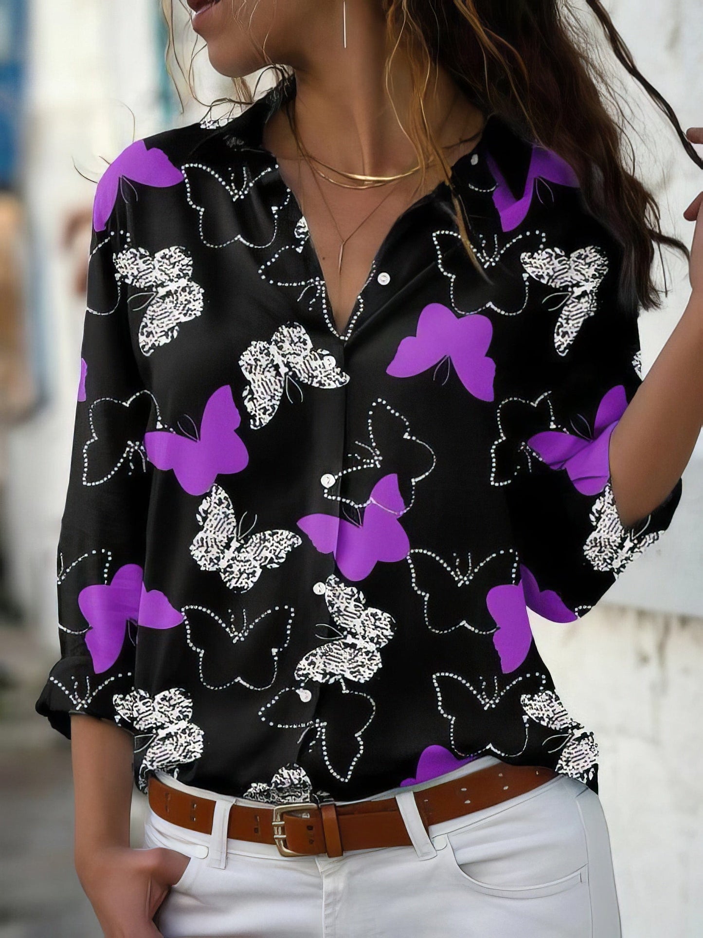 Butterfly Print Button Long Sleeve Blouse BLO2112091476PURS Purple / 2 (S)
