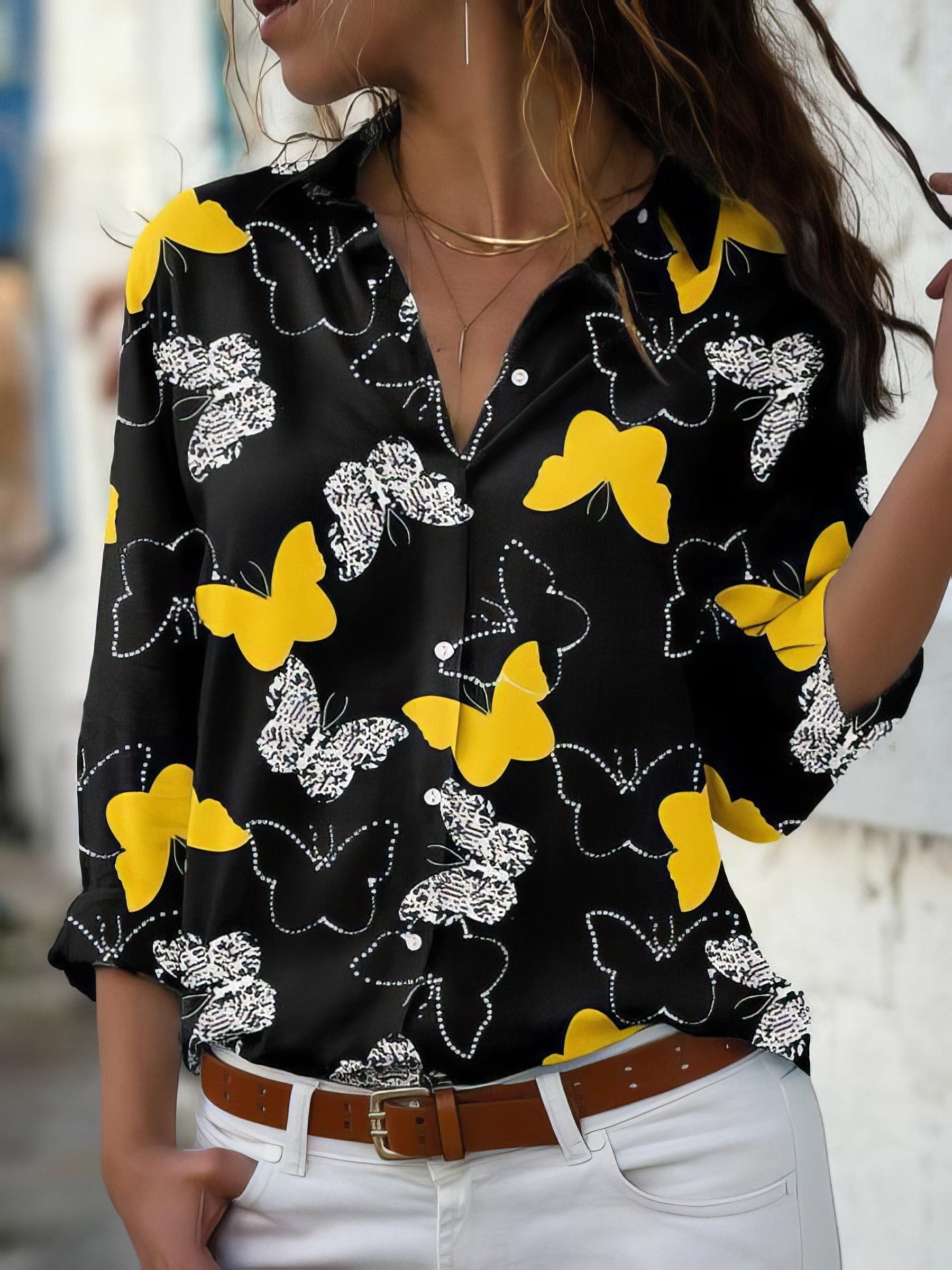 Butterfly Print Button Long Sleeve Blouse BLO2112091476YELS Yellow / 2 (S)