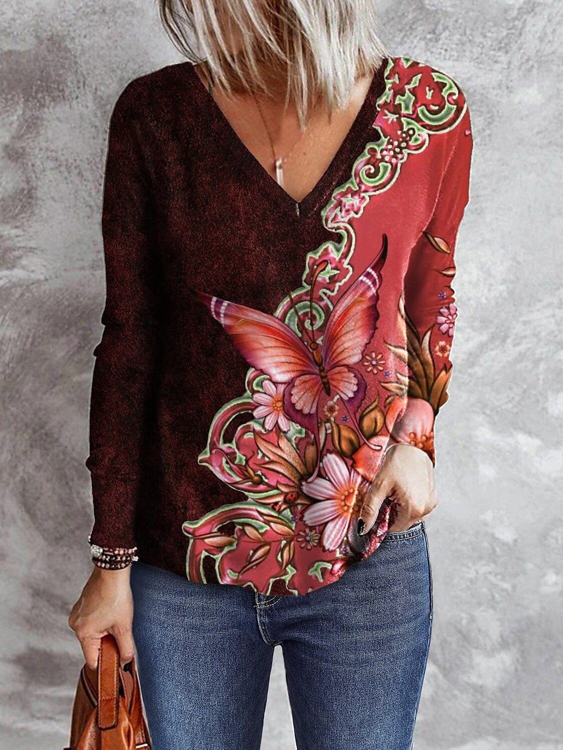 Butterfly Print V-Neck Long Sleeve T-Shirt TSH2202172254REDS Red / 2 (S)