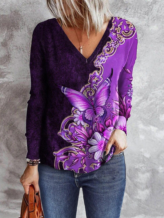 Butterfly Print V-Neck Long Sleeve T-Shirt TSH2202172254PURS Purple / 2 (S)
