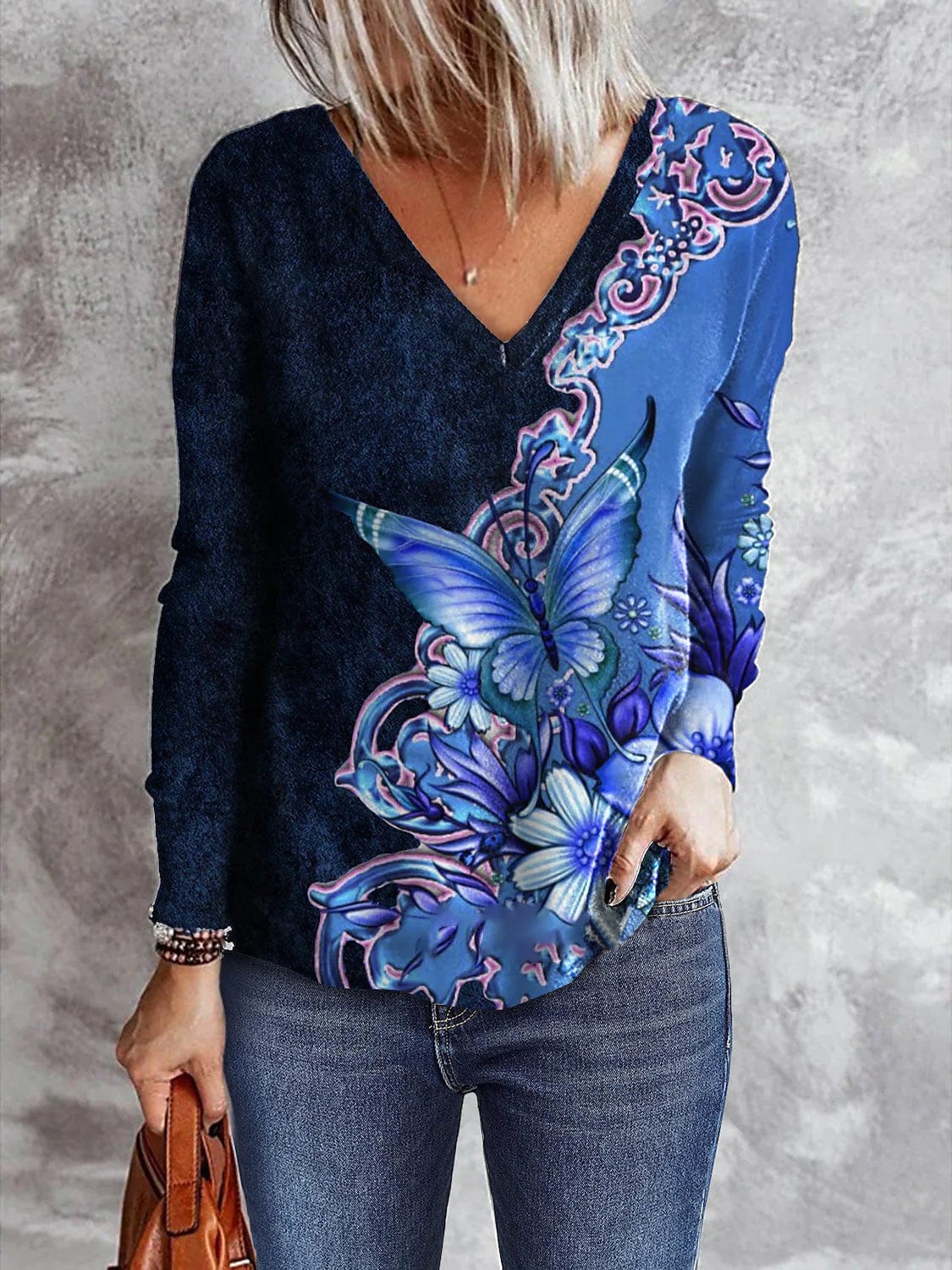 Butterfly Print V-Neck Long Sleeve T-Shirt TSH2202172254BLUS Blue / 2 (S)