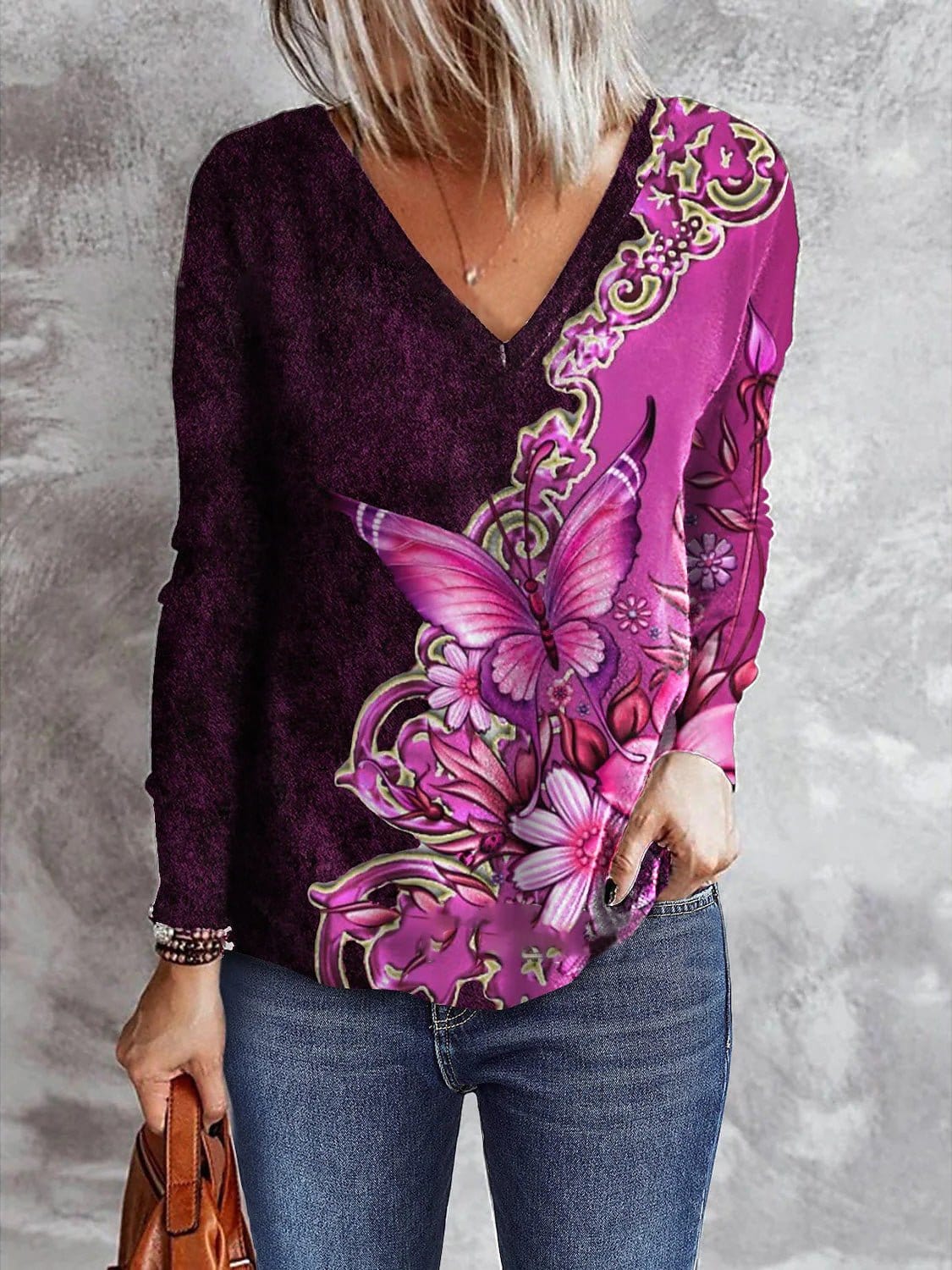 Butterfly Print V-Neck Long Sleeve T-Shirt TSH2202172254PREDS Pink / 2 (S)