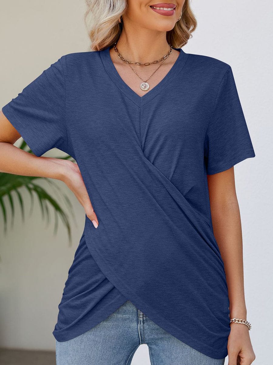 Casual And Vibrant Multicolor Knotted Short Sleeve V Neck T Shirt TSH2305290176DBLS DarkBlue / 2 (S)