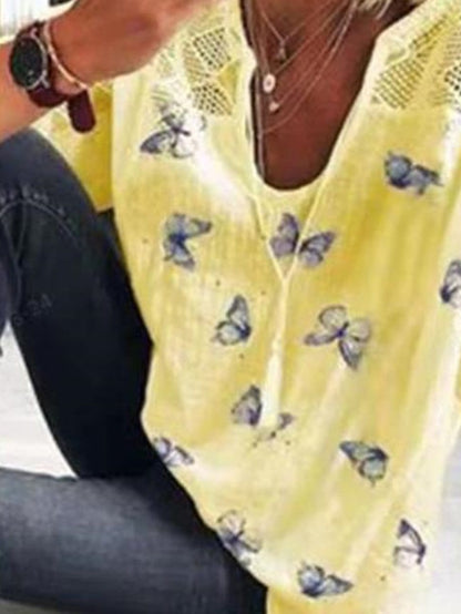 Casual Butterfly Printed Round Neck 3/4 Sleeve T-shirt TSH210519486YELS Yellow / 2 (S)