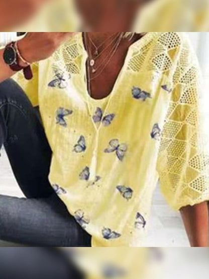 Casual Butterfly Printed Round Neck 3/4 Sleeve T-shirt