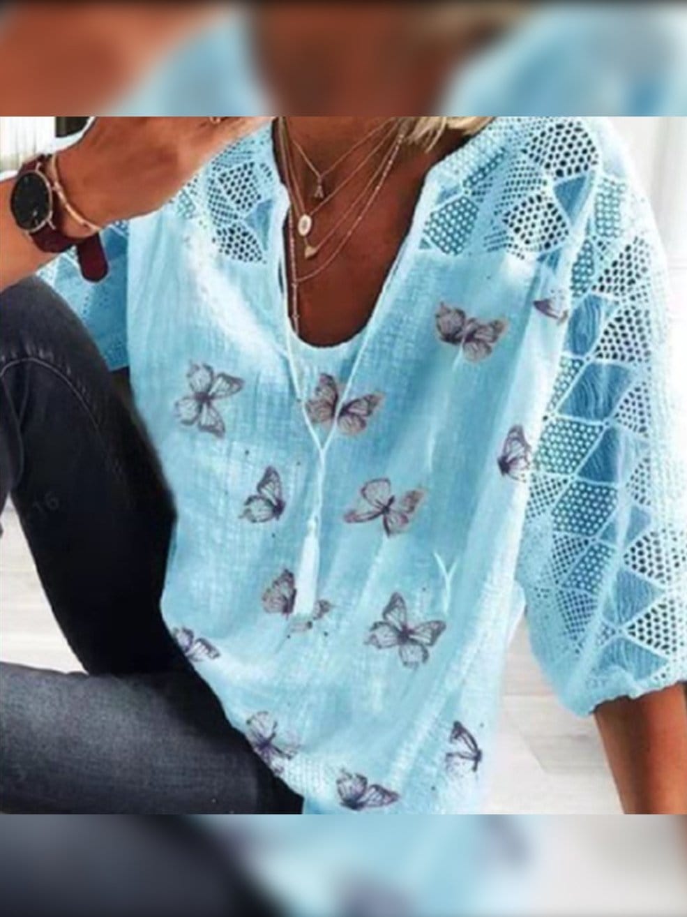 Casual Butterfly Printed Round Neck 3/4 Sleeve T-shirt