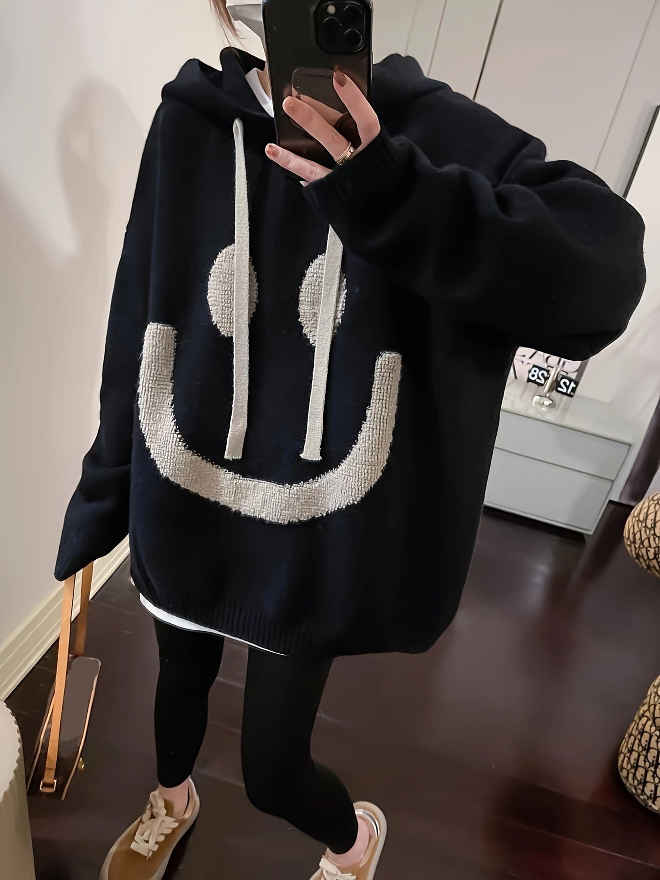 Casual Chic Oversized Smile Face Print Drawstring Sweater TEMU2311151146S(4) Black / S(4)