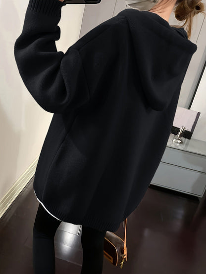 Casual Chic Oversized Smile Face Print Drawstring Sweater