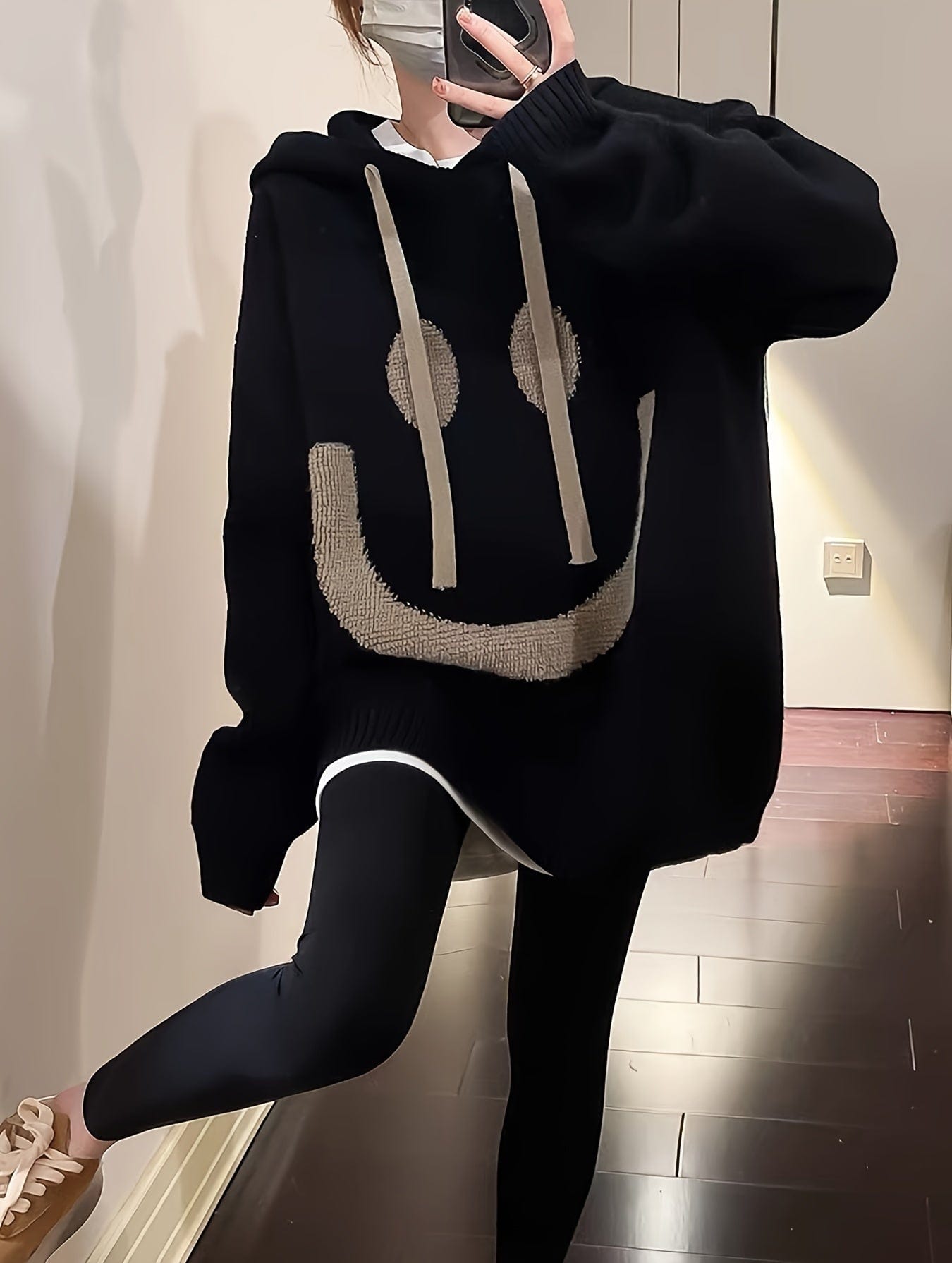 Casual Chic Oversized Smile Face Print Drawstring Sweater