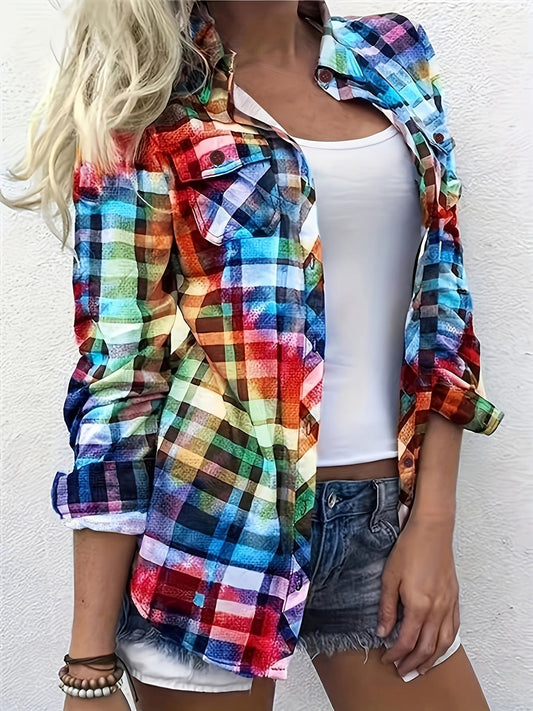 Casual Colorful Rainbow Plaid Print Long Sleeve Button Blouse BLO231012005REDS(4) Red / S(4)