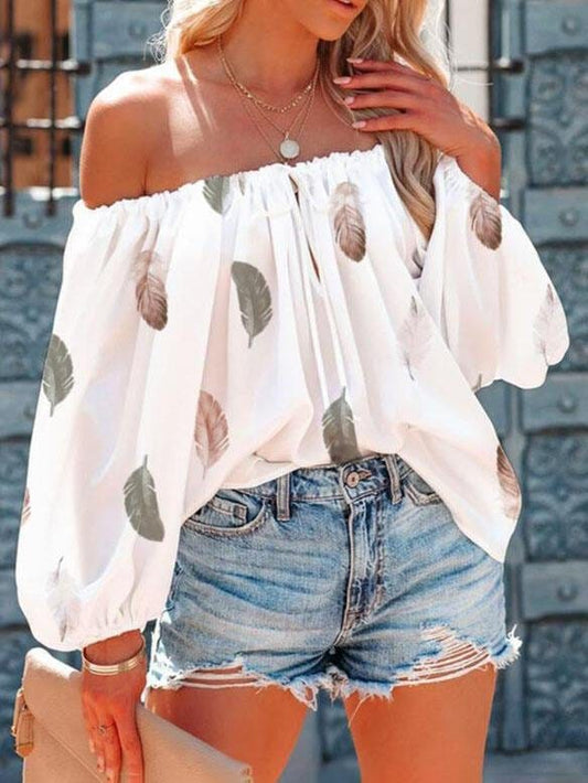 Casual Feather Print Off Shoulder Strap Blouse BLO2106301133WHIS White / 2 (S)