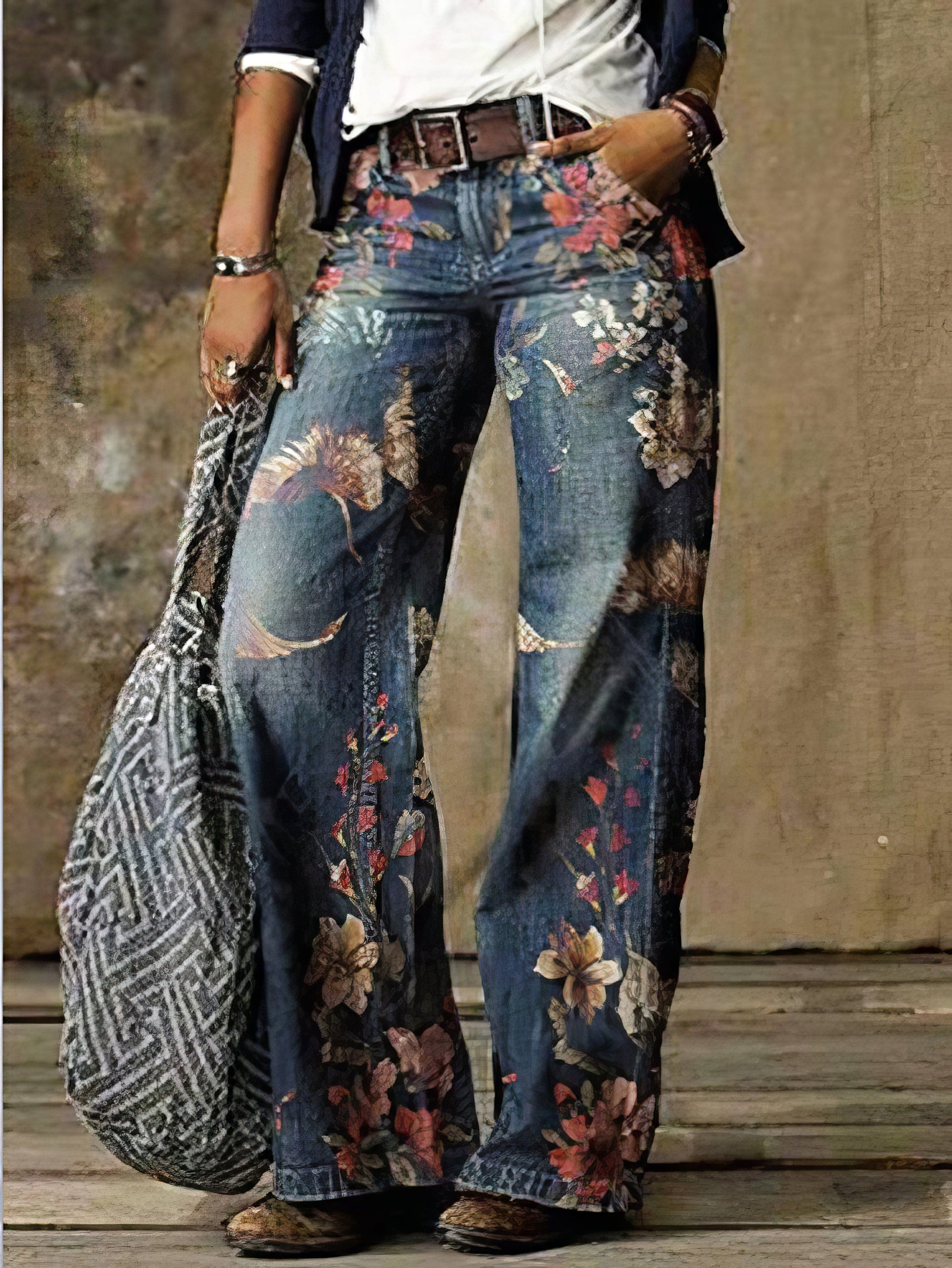 Casual Floral Print Pocket Wide-Leg Jeans DEN2109151152BPINS Blue / 2 (S)