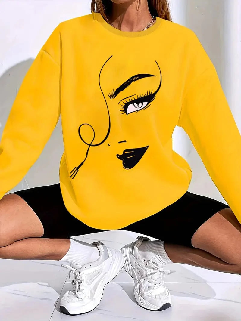 Casual Graphic Print Long Sleeve Crew Neck Pullover Hoodie