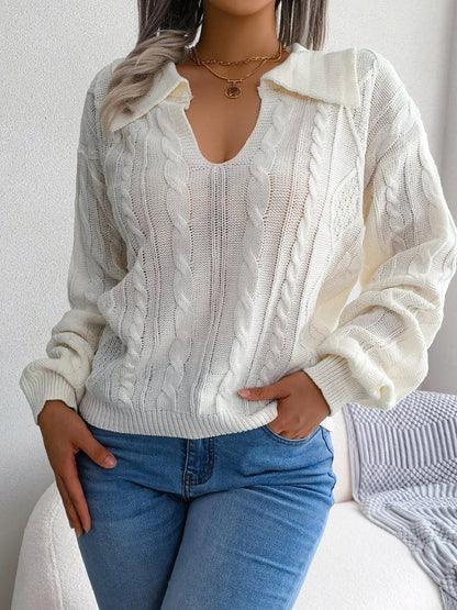 Casual Lapel Twist Long Sleeve Knit Sweater SWE2208121365WHIS White / 2 (S)