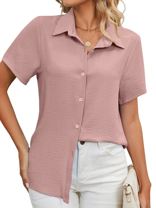 Casual Loose Button Solid Color V Neck Short Sleeved Blouse BLO2308050128PINS Pink / 2(S)