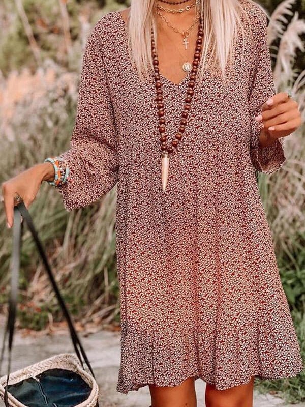 Casual Print Knee Long Sleeve Tunic Dresses