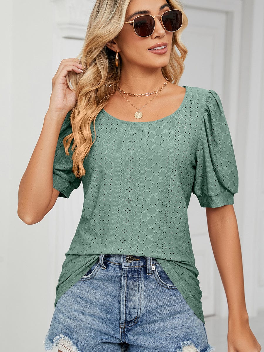 Casual Round Neck Solid Color Hollow Loose T-Shirt