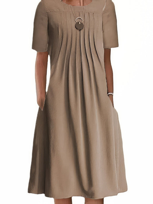 Casual Shift Short Sleeve Pure Color Loose Fit Midi Dress DRE2307260340BROS Brown / 2(S)