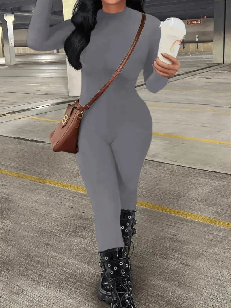 Casual Sleek Long Sleeve Skinny Crew Neck Jumpsuit