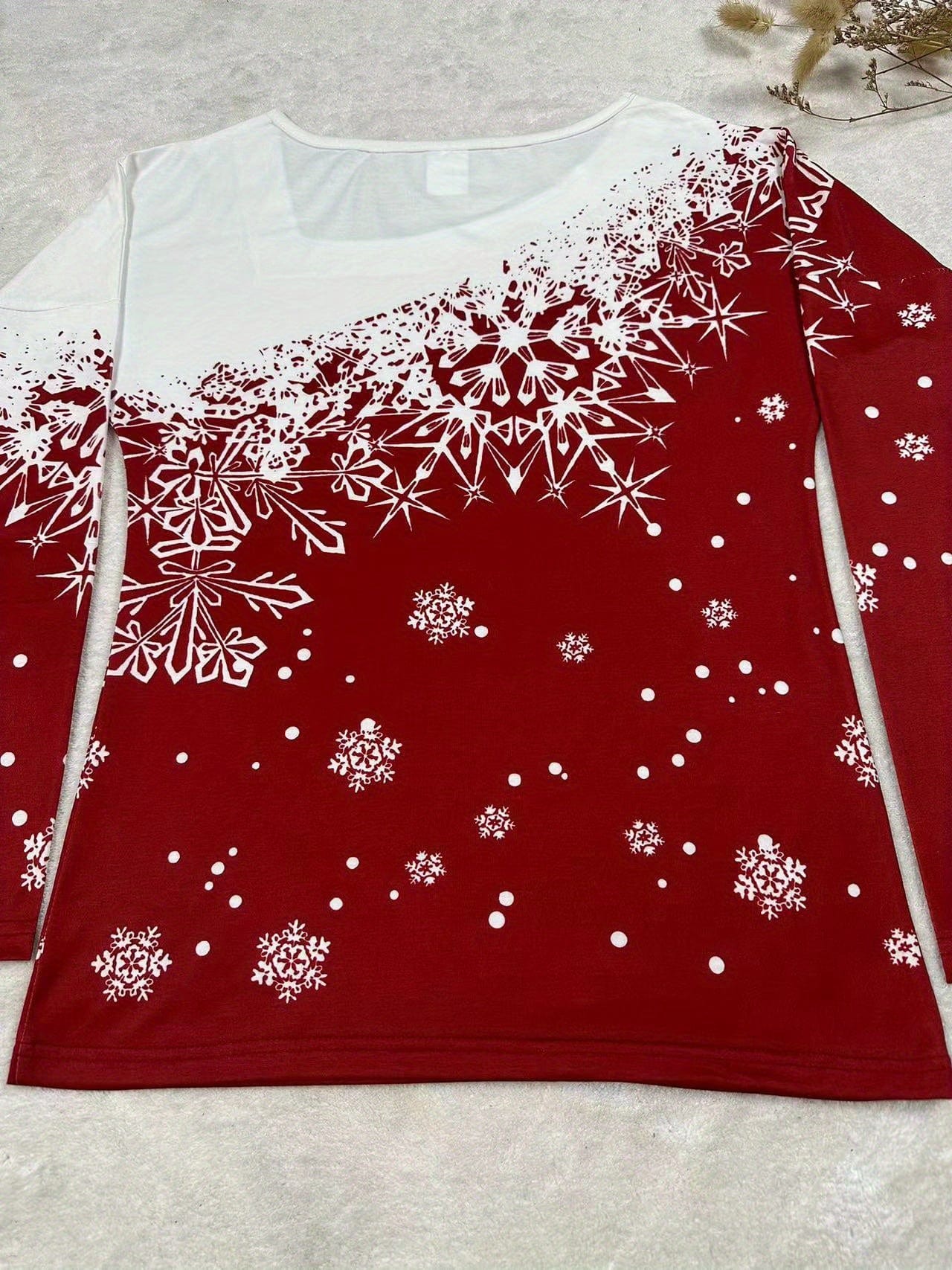 Casual Snowflake Print Slant V Neck Long Sleeve T-Shirt
