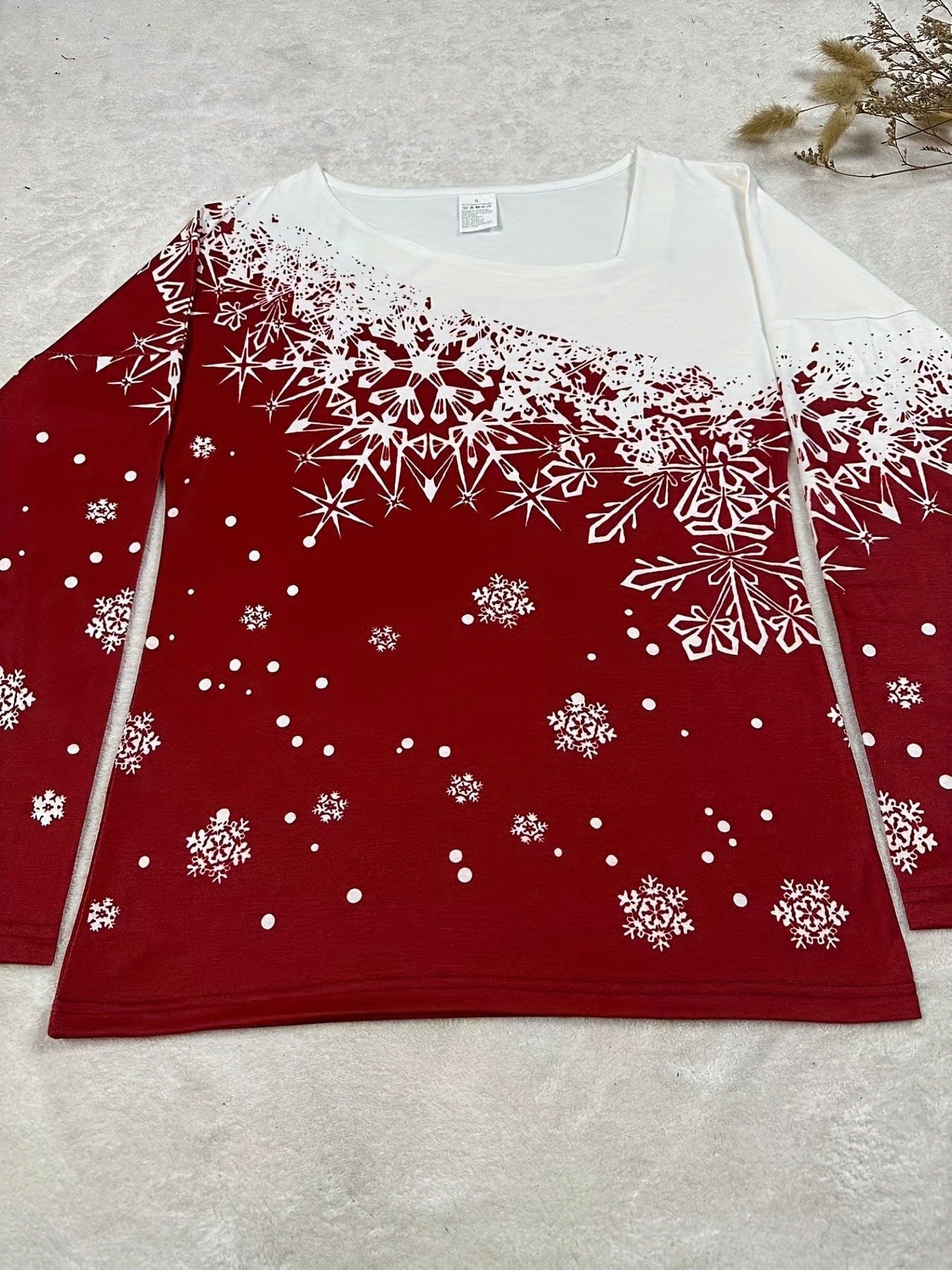 Casual Snowflake Print Slant V Neck Long Sleeve T-Shirt