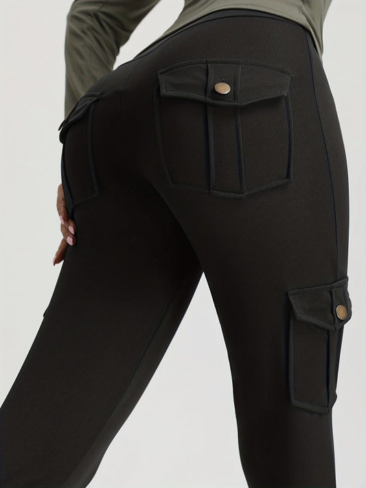 Casual Solid High Waist Pockets Cargo Leggings Pants PAN231012178BLAS(4) Black / S(4)