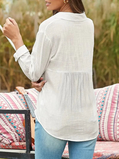 Casual Solid Linen Long Sleeve Lapel Blouse