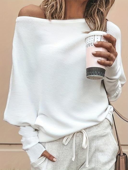 Casual Solid Ribbed Batwing Sleeve One Shoulder T-Shirt