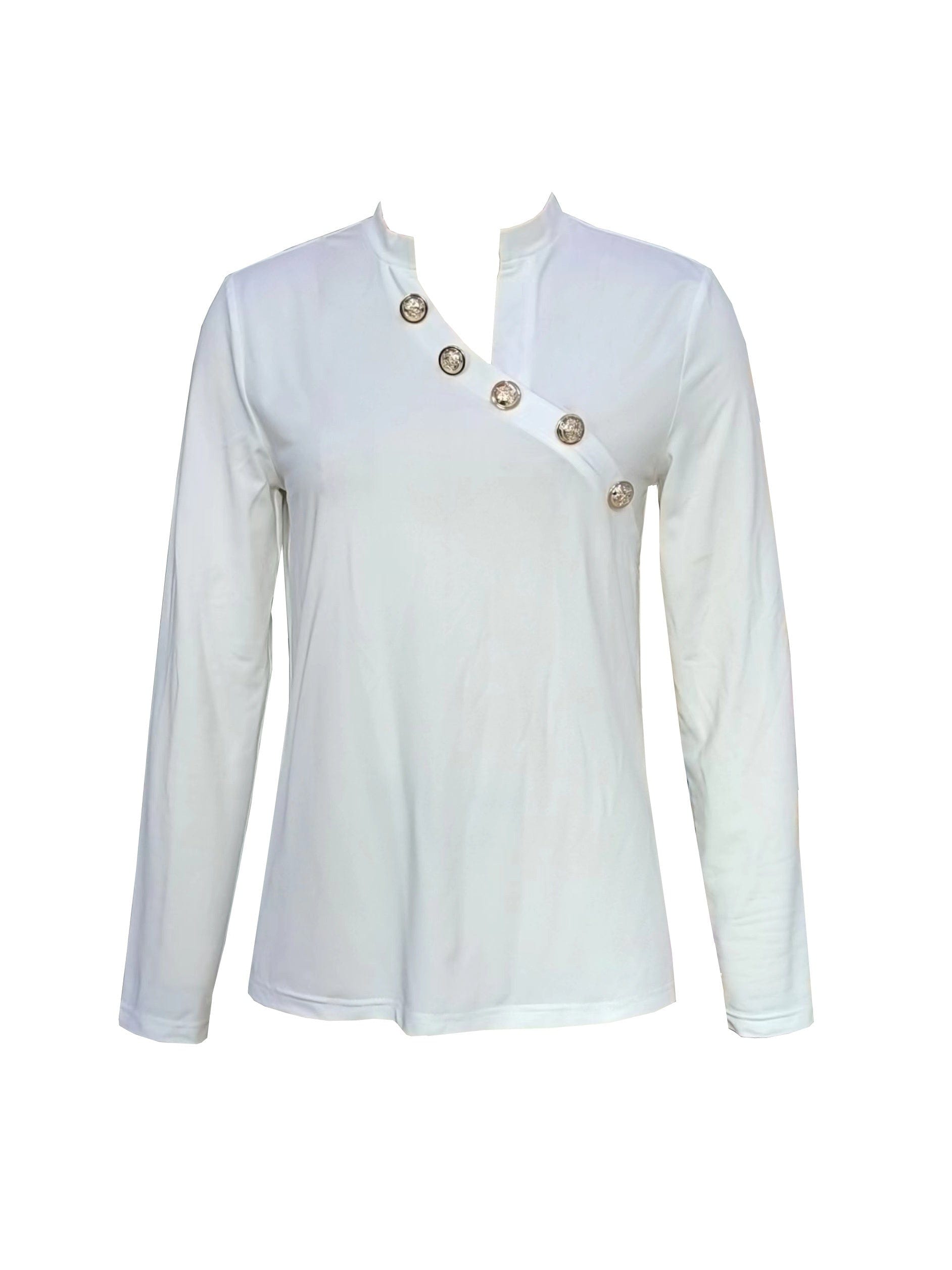 Casual Solid Stylish Button Asymmetrical Neck Long Sleeve Blouse