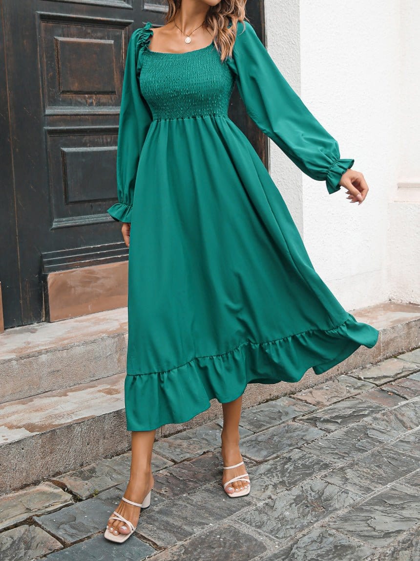 Casual Square Neck Long Sleeve Ruffle Dress DRE2209295556GRES Green / 2 (S)
