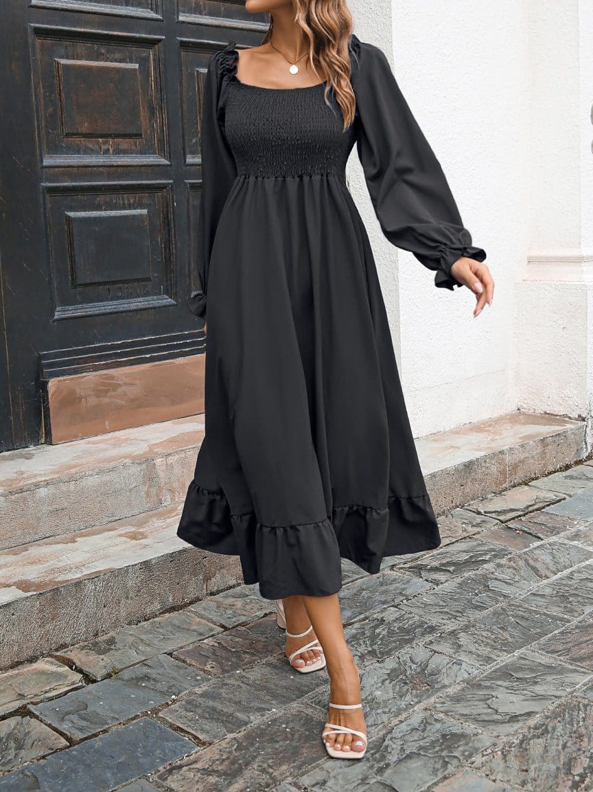 Casual Square Neck Long Sleeve Ruffle Dress DRE2209295556BLAS Black / 2 (S)