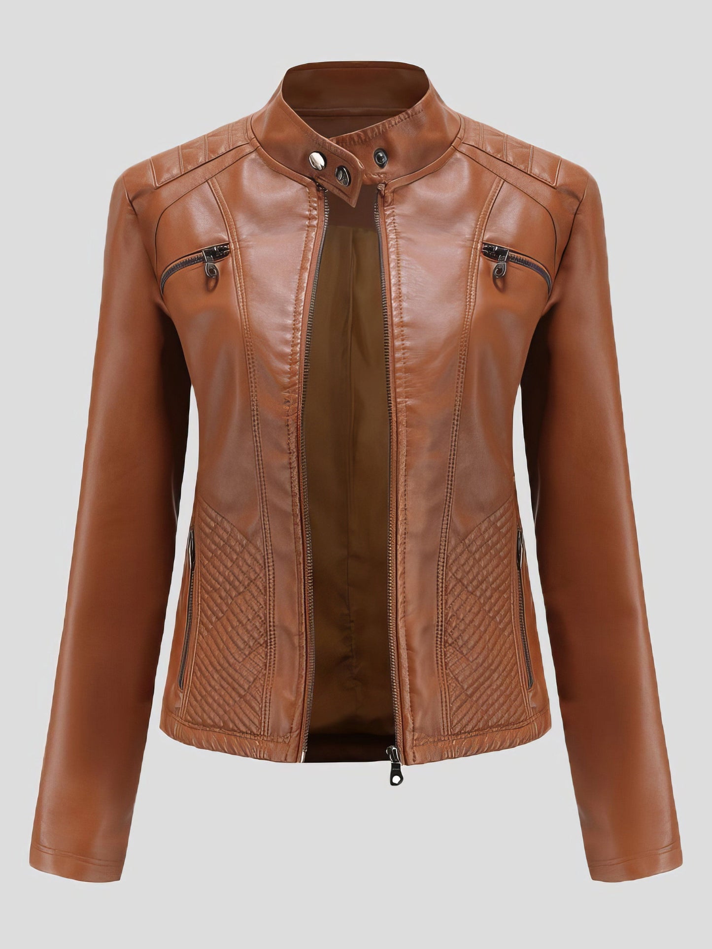 Casual Stand-Collar Slim Solid Leather Jacket JAC2108261129CAMS Brown / 2 (S)