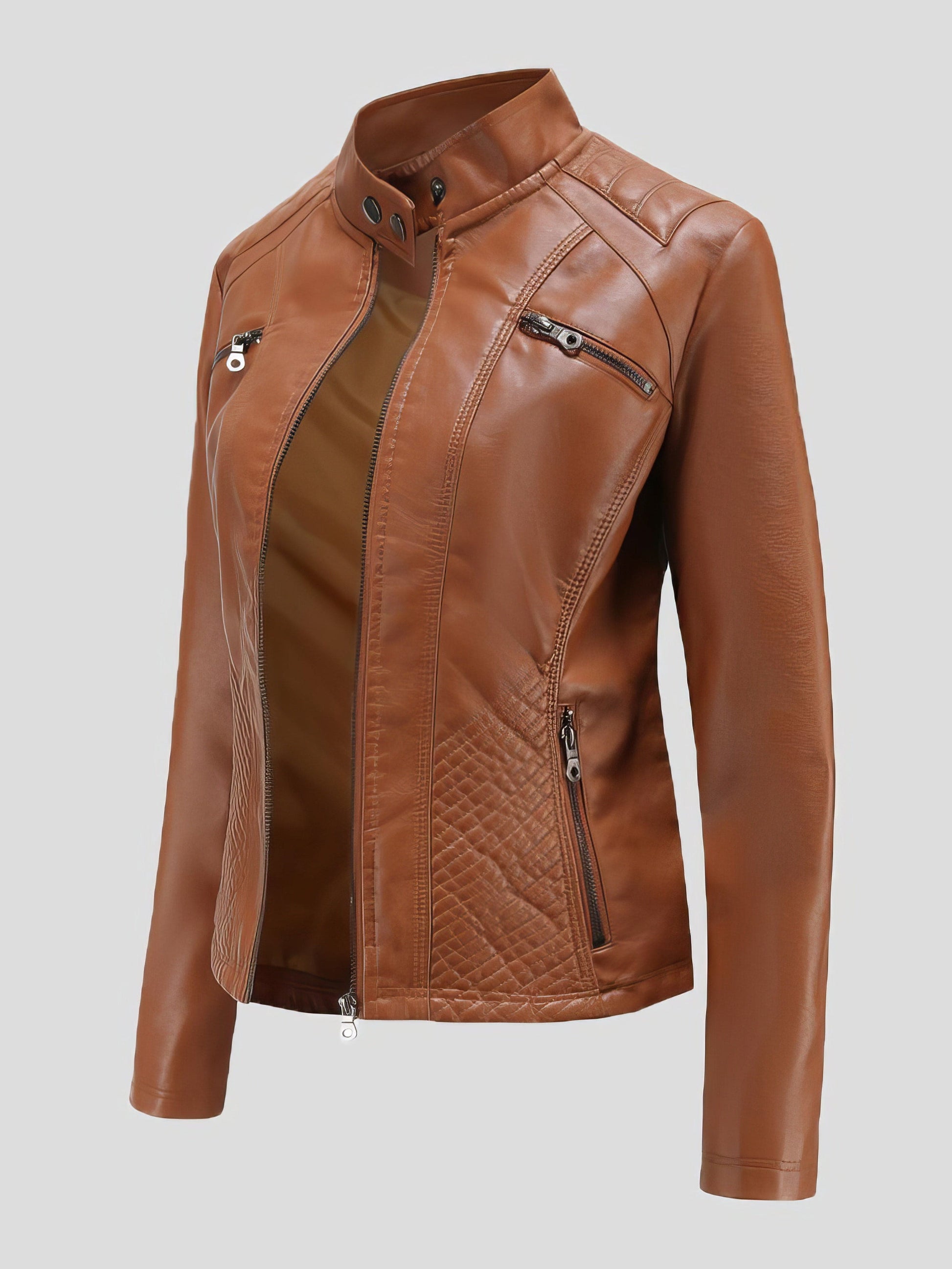 Casual Stand-Collar Slim Solid Leather Jacket