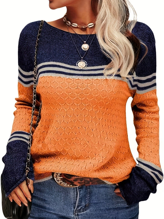 Casual Stylish Boat Neck Color Block Long Sleeve Sweater TEMU2311151153S(4) Orange / S(4)