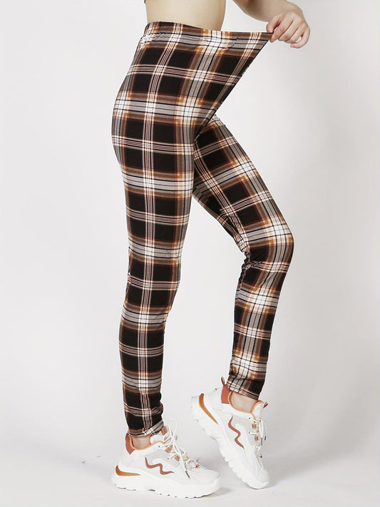 Casual Trendy Stylish High Waist Elastic Plaid Slim Leggings TEMU2311151314S(4) Khaki / S(4)