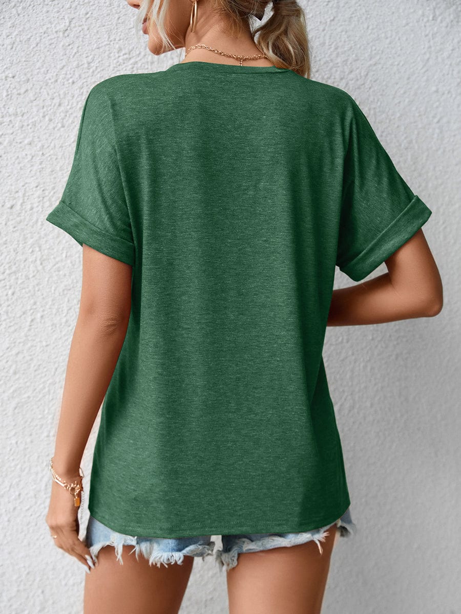 Casual V Neck Button Loose Solid Color T-Shirt