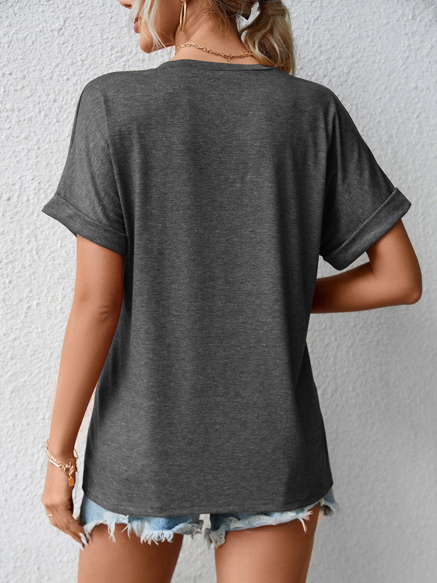 Casual V Neck Button Loose Solid Color T-Shirt