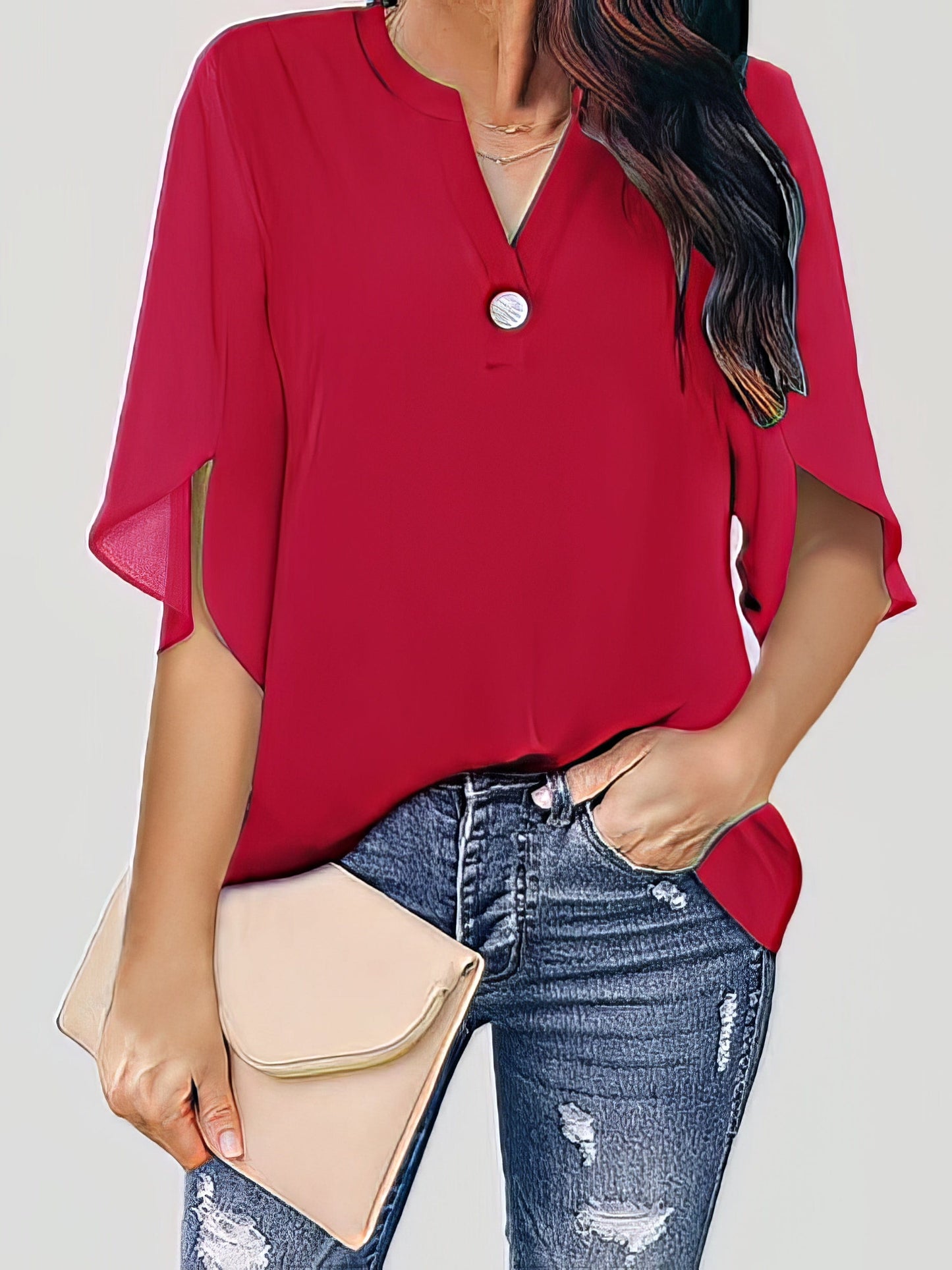 Casual V-Neck Short Sleeve Chiffon Blouse BLO2203251641REDS Red / 2 (S)