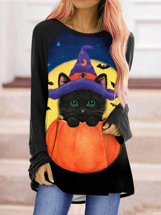Cat Pumpkin Print Crew Neck Long Sleeve T-Shirt