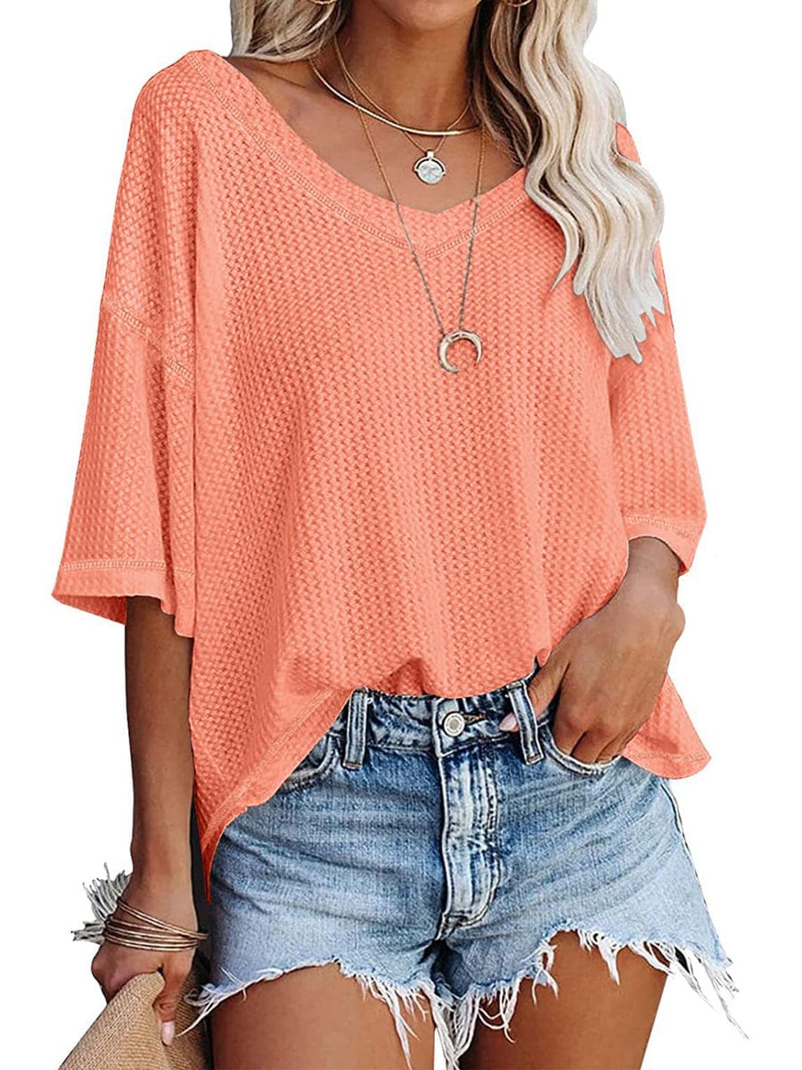 Causual Waffle Knit Loose Tunic V Neck Short Sleeve Blouse BLO2308070137ORAS Orange / 2(S)