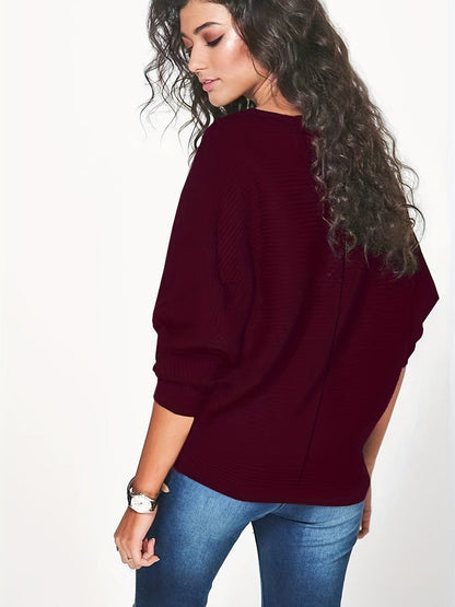 Chic Solid Boat Neck Batwing Sleeve Loose Sweater