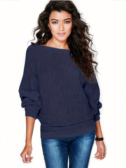 Chic Solid Boat Neck Batwing Sleeve Loose Sweater